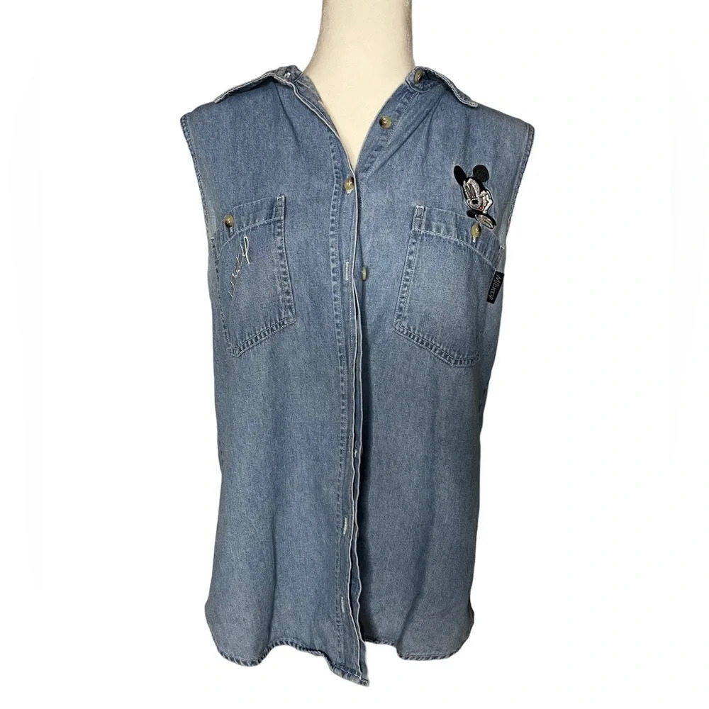 Vintage Disney Mickey Mouse Denim Button-Down Shirt Cotton M